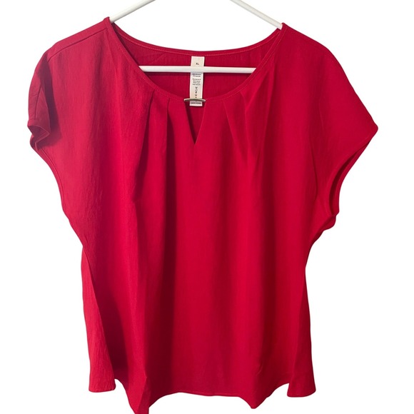 B Curated Tops - B Curated Red Pleated Neck Blouse with Metal Bar Detail XL Luxury Classic Chic